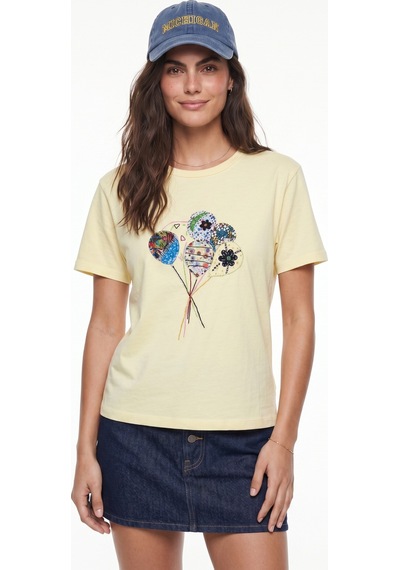 Onloox Kadın Tereyağ Tereyağ Pamuklu Bisiklet Yaka Kısa Kollu Renkli Balon Nakış Detaylı Günlük Kullanım T-shirt