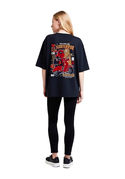 Paybuy Kadın Oversize Grafik Baskılı Tişört Scooter Temalı Retro Slogan Siyah