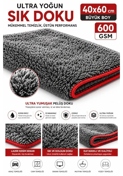 Premium 600 Gsm Peluş Mikrofiber Araç Kurulama Havlusu 40x60 Cm Ultra Emici Oto Kurulama Bezi Çizmez İz Ve Tüy Bırakmaz