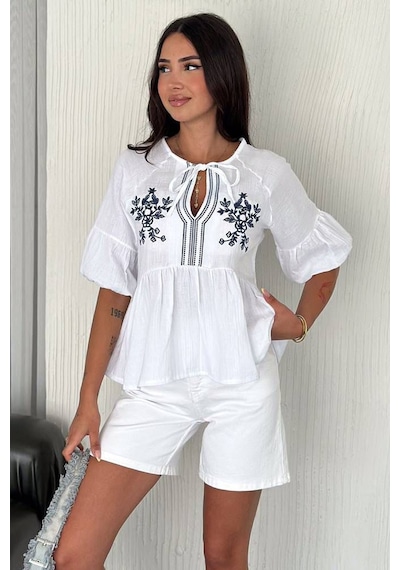 Noa & Noa Kadın Nakış Detaylı Bağlamalı Peplum Gömlek Summer Bloom Beyaz