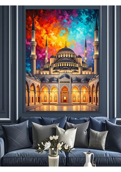 Ahşap Tablo Renkli Gökyüzü Altında Görkemli Cami İnsan Figürlü Tablolar