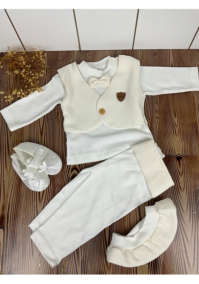 Zıpır Bebe Papyonlu Bebek Takım Ekru