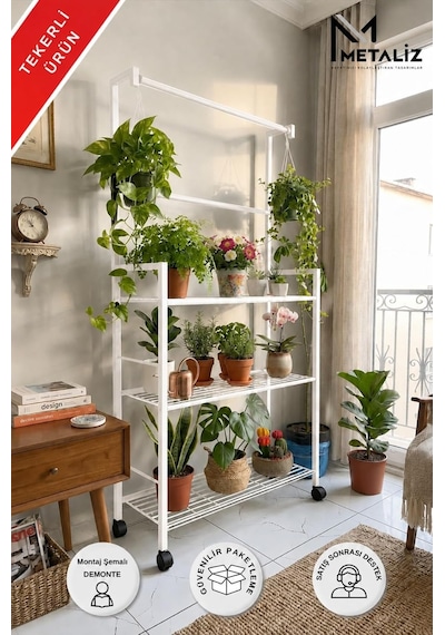 Tekerlekli Metal Saksı Standı Ve Bitki Askılığı - 3 Raflı Portatif Çiçek Rafı Beyaz
