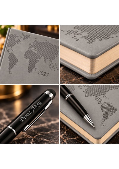 Bk Gift Kişiye Özel 378 Termo Deri Tarihli Ajanda & Siyah Touch Pen Tükenmez Kalem-12 Gri