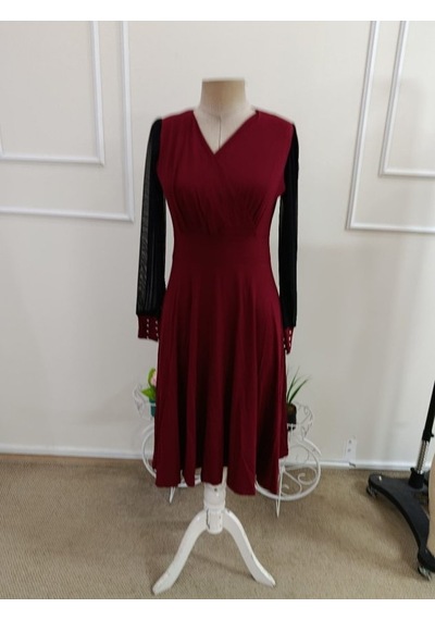 Bhrwear Kadın Uzun Kollu Kruvaze Yakalı Kollar Tül Detaylı Incili Midi Viskon Elbise Renkli