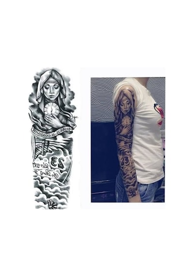 Kolu Kaplayan Büyük Boy Geçici Dövme - Ağlayan Rahibe Ve Mum Figürlü Su Geçirmez Tattoo Sticker