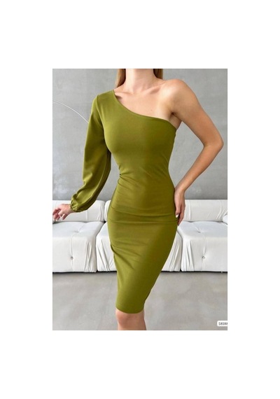 DefyModa Kadın Şık Tasarım Krep Kumaş Tek Omuz Abiye Elbise Yeşil