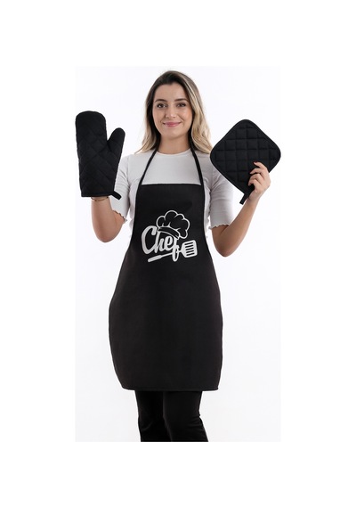Beautiful Set Sıvı Geçirmez Su Geçirmez Mutfak Önlüğü 1 Eldiven 1 Tutacak Siyah1