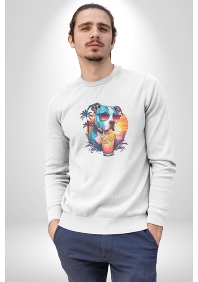 Tatil Köpek Soğuk Kokteyl İçeçek Unisex Beyaz Baskılı Sweatshirt Beyaz