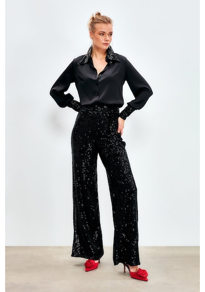 Sateen Kemerli Payet Pantolon - Siyah