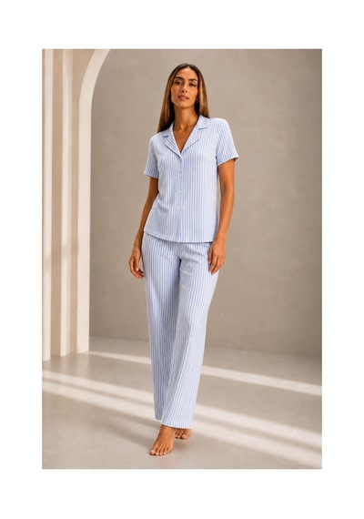Fit Women Kadın Kısa Kol Rahat Kalıp Şık Mavi Pijama Takımı