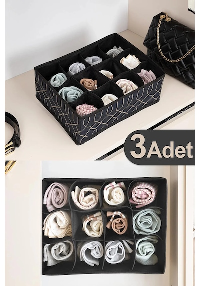 3 Adet 12 Gözlü Çekmece Düzenleyici Organizer 35x25x12 Siyah