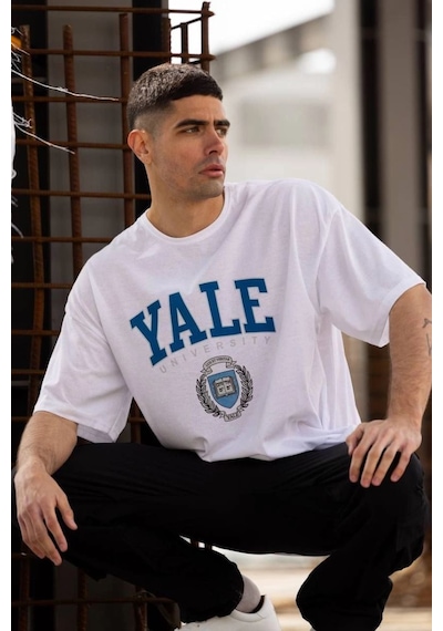 Vinevesta Erkek Kısa Kol Yazlık Tişört Bisiklet Yaka Yale Baskılı T-shirt - Beyaz Çok Renkli
