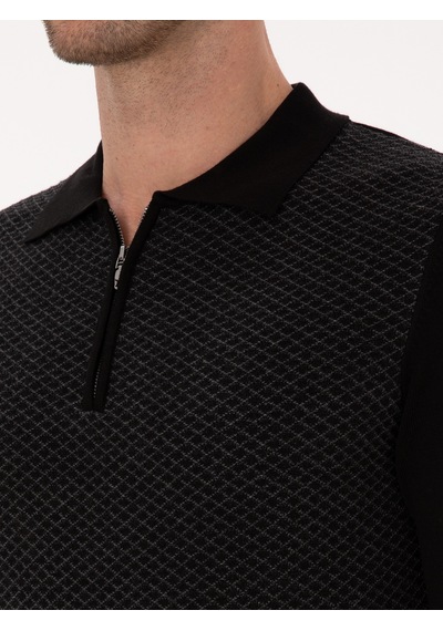 Cacharel Siyah Slim Fit Pamuk Karışımlı Fermuarlı Polo Yaka Triko Kazak