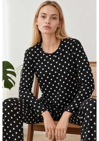 Kadın Desenli İkili Siyah Rahat Pijama Takımı 4814
