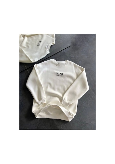 Butik İstanbul Bisiklet Yaka Üç İplik Baskılı Oversize Sweatshirt - Beyaz