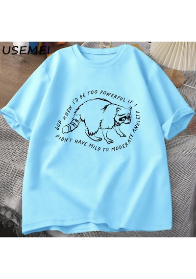 Flood Of Style Tanrı Biliyor Çok Güçlü Olur Rakun Tişörtleri Komik T-shirt Hayvan Baskılı T-shir Mavi