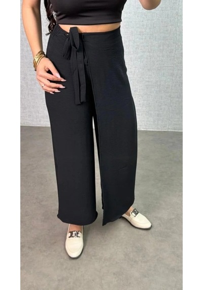 DefyModa Kadın Beli Lastikli Bağcık Detay Aerobin Kumaş Etek Pantolon Siyah