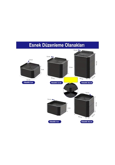 Tineke Robot Süpürge Mobilya Ayağı Ve Dolap Yükseltici Ayak Kaydırmaz 4lü Siyah Kare 4 cm