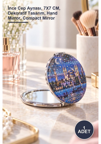 1 Adet Taşlı İstanbul Tasarımı El Aynası İnce Cep Aynası, 7x7 Cm, Dekoratif Tasarım, Hand Mirror, Compact Mirror Sarı