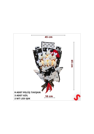9 Beyaz Pelüş Tavşanlı Led Işıklı Siyah Buket, 65cm x 45cm