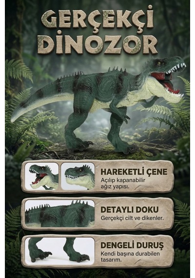 Gerçekçi Dinozor Figürü - Hareketli Çeneli, Detaylı Dokulu Büyük Boy Oyuncak 27 Cm