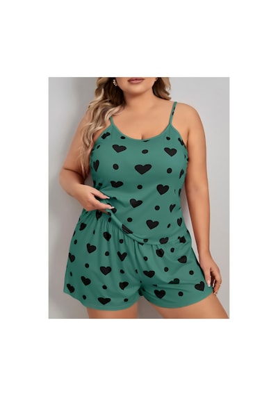 Lily Bianca Nightwear Desenli Askılı Ve Şortlu Büyük Beden Penye Gecelik Yeşil