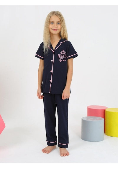 Kız Çocuk Kısa Kollu %100 Pamuklu Düğmeli Pijama Takımı Princess Indigo