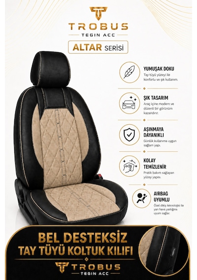 Fiat Egea Sedan 2014+ Uyumlu Altar Serisi Tay Tüyü Bej Siyah Premium Koltuk Kılıfı