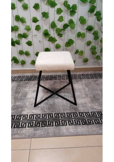 Özcan Metal Metal Puf Teddy Kumaş Dekoratif Çok Amaçlı Peluş Puf Tabure Bench Koltuk Sandalye Beyaz