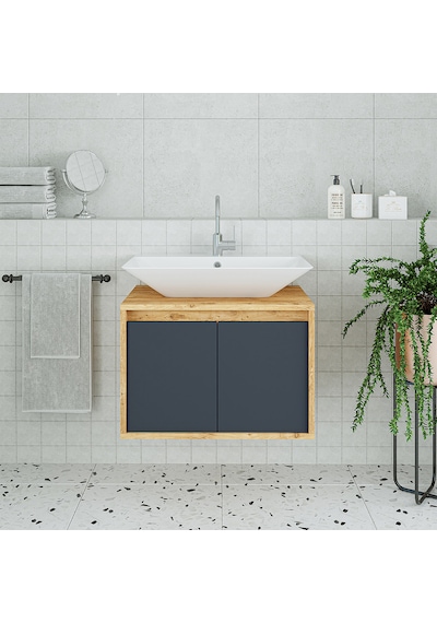 Banos Roomart 2 Kapaklı Lavabolu Ahşap-Antrasit Mdf 65 Cm Dolap Antrasit