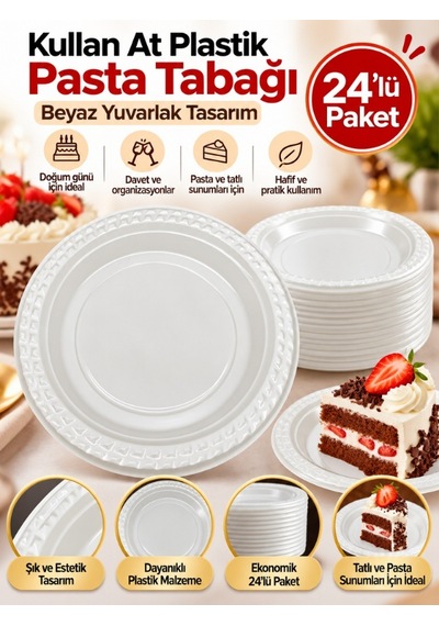 Mucit Home Beyaz Plastik Pasta Tabağı 24 Lü Doğum Günü Davet Sunum Tabağı 19 Cm