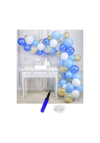 Beyaz-Açık Mavi-Lacivert-Altın Konfetili Şeffaf Doğum Günü Balon