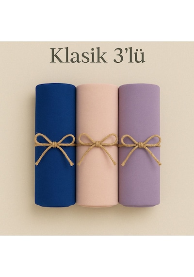 Mim Eşarp Penye Pamuksu Şal Klasik 3 Lü Set Saks - Pudra - Lila