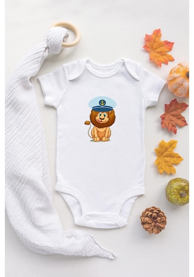 Tuğba Baby Denizci Aslan Baskılı %100 Pamuklu Organik Baskılı Beyaz Çıtçıtlı Bebek Body Zıbın Bebek Badi Beyaz