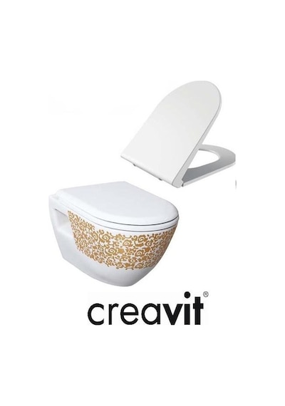 Creavit TP325 Terra Asma Klozet Çiçek Altın Dekorlu Asma Klozet + Duck Yavaş Kapanır Kapak