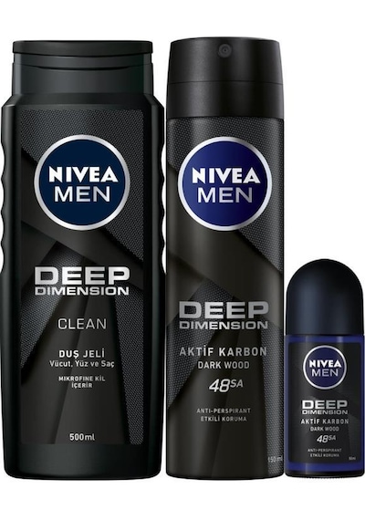 Nivea Men Deep Dimension Duş Jeli 500 ML + Sprey Deodorant 150 ML + Roll-On Deodorant 50 ML