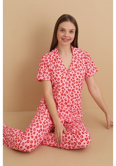 Wordex Mirano 9513 Desenli Pegasus Kumaş Düğmeli Kısa Kolu Kadın Pijama Takımı Pembe