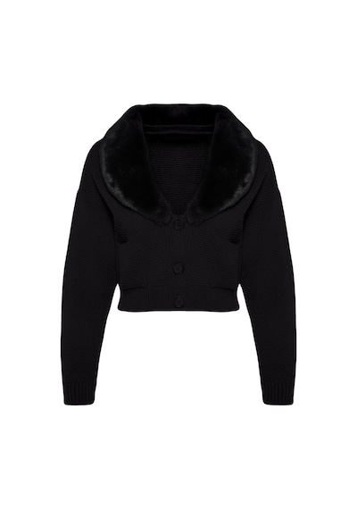 Frm Kadın Moda Şık Crop V Yaka Regular Crop Kürk Detaylı Triko Hırka Siyah
