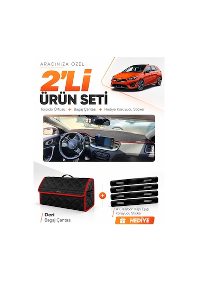 Kia Ceed 2020-2025 Uyumlu Torpido Örtüsü + Deri Bagaj Çantası + Sticker Seti - Siyah Kırmızı
