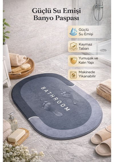 Buççin Online Mağaza Ultra Hızlı Su Emici Diatomit Banyo Paspası Kaymaz & Hijyenik Kauçuk Orta 6 - 12 Mm Gri Çok Renkli