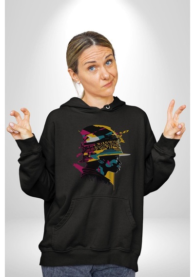 Canlı Afrobeat Füzyon Renkli Siluet Kadın Erkek Siyah Kapüşonlu Sweatshirt Hoodie Siyah