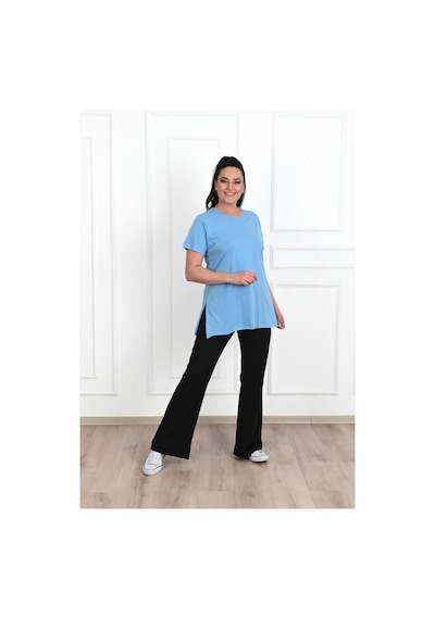 Kadın Bisiklet Yaka Yırtmaç Detaylı Büyük Beden Tshirt 9633-22 001