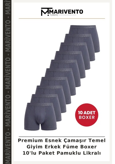 Marivento Premium Esnek Çamaşır Temel Giyim Erkek Füme Boxer 10'lu Paket Pamuklu Likralı