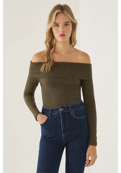 Hiccup Off Shoulder Örme Üst Yeşil