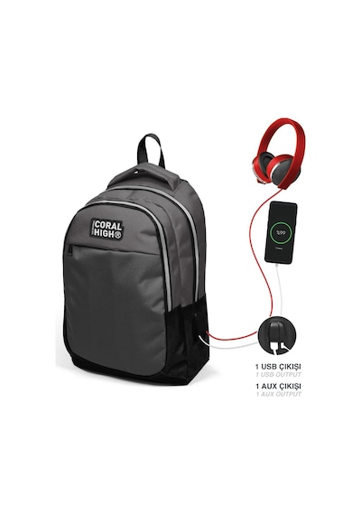 Coral High Kids Koyu Gri Siyah Üç Bölmeli USB Şarjlı Kulaklık Çıkışlı Okul Sırt Çantası 24307