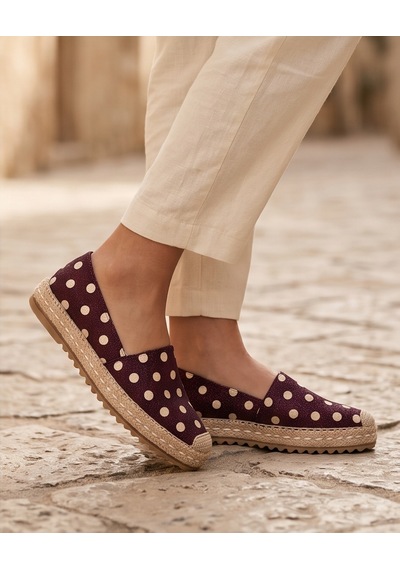 Futsishoes Lucıa Bordo Puantiyeli Hakiki Deri Dikiş Detaylı Kadın Espadril