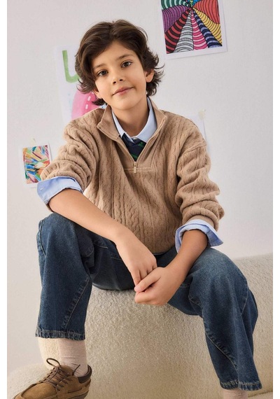Defacto Erkek Çocuk Yarım Fermuarlı İçi Yumuşak Tüylü Sweatshirt G3674a825cwbg75 Bej-bg75