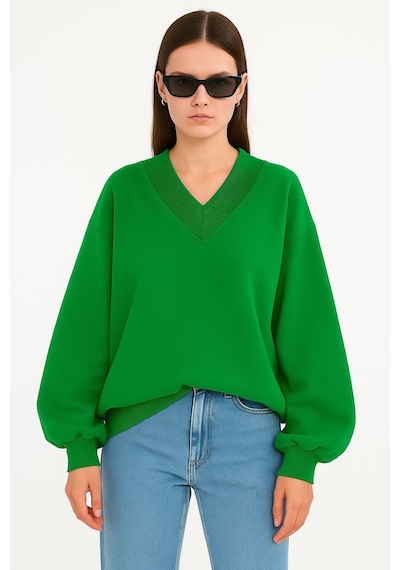 Benroma Ünisex V Yaka Sweatshirt Yeşil