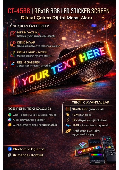 Ct 4568 Esnek Yapışkanlı Led Panel 96x16 Rgb Günışığı